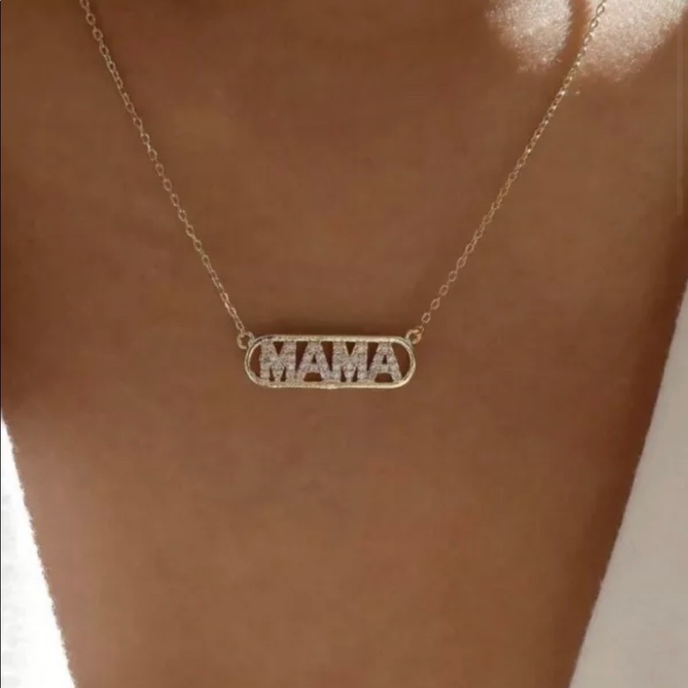 Rhinestone Letter Charm Necklace Mama Mother’s Day Or Baby Shower Gift New Gold